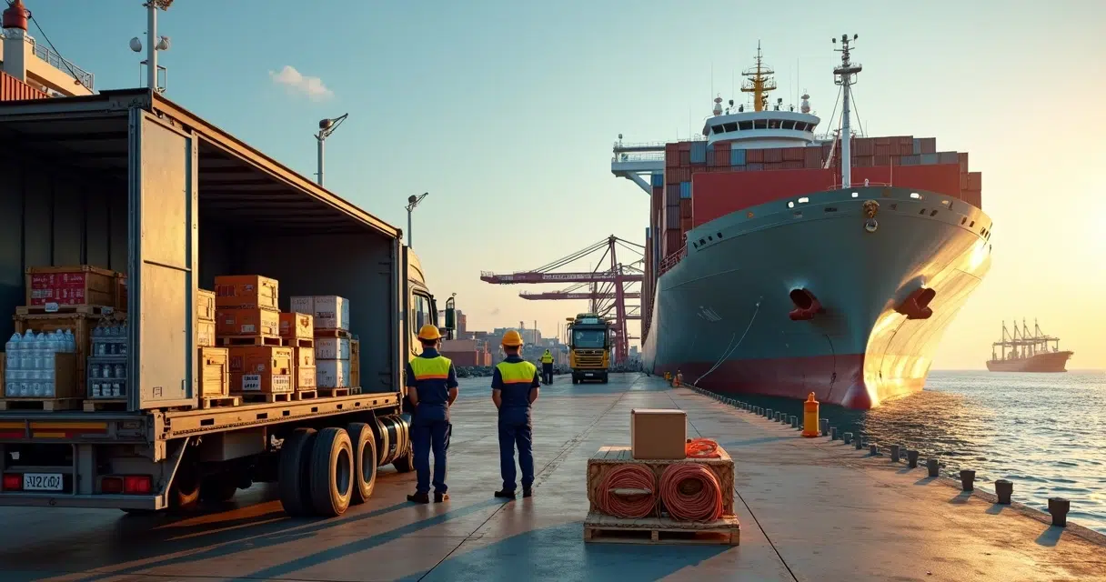 Container ship being resupplied by maritime suppliers at a Brazilian port