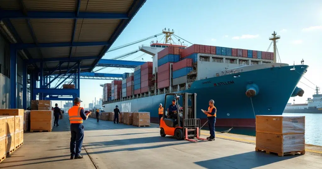 Container ship being supplied at a Brazilian port with workers loading provisions and equipment