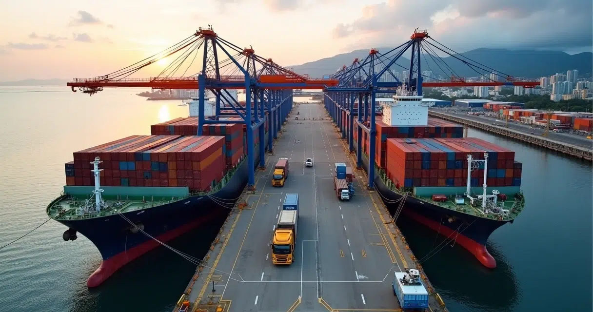 Container ship docked at a major Brazil port with city skyline and cranes at sunrise