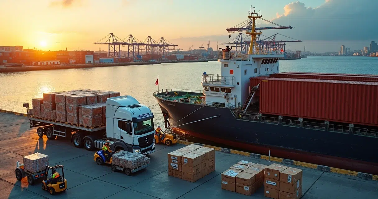 Supply vessel delivering stores to a cargo ship at a Brazilian port terminal