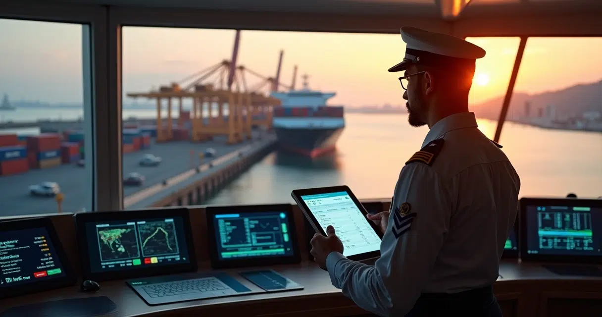 Ship bridge officer reviewing digital invoice on tablet with container vessel in port