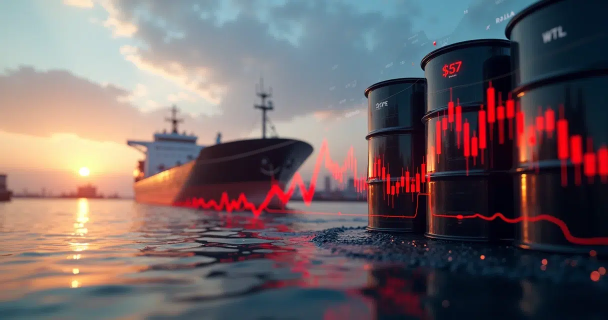 Digital stock chart showing falling oil prices with cargo ship and oil barrels in background