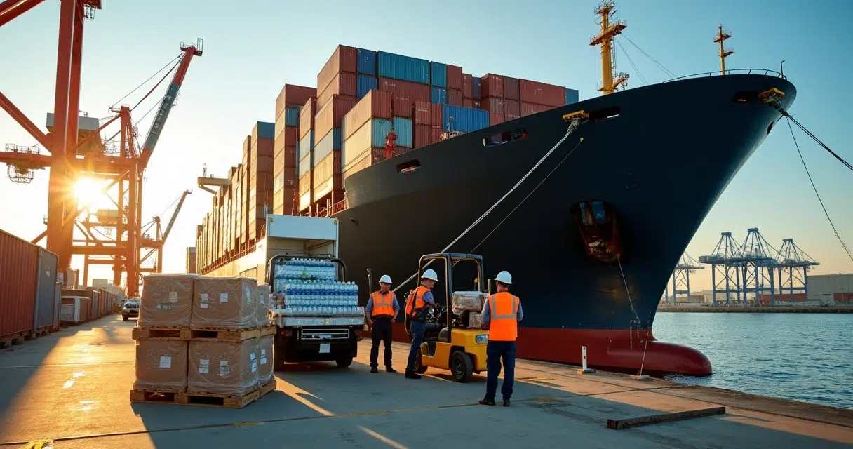 Container ship docked at Santos Port receiving provisions and supplies
