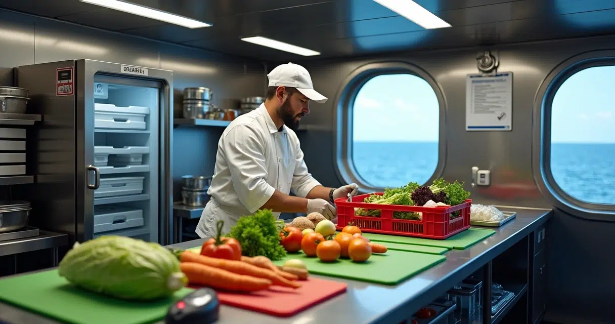 Ship cook inspecting fresh produce in a stainless steel galley during an ocean crossing