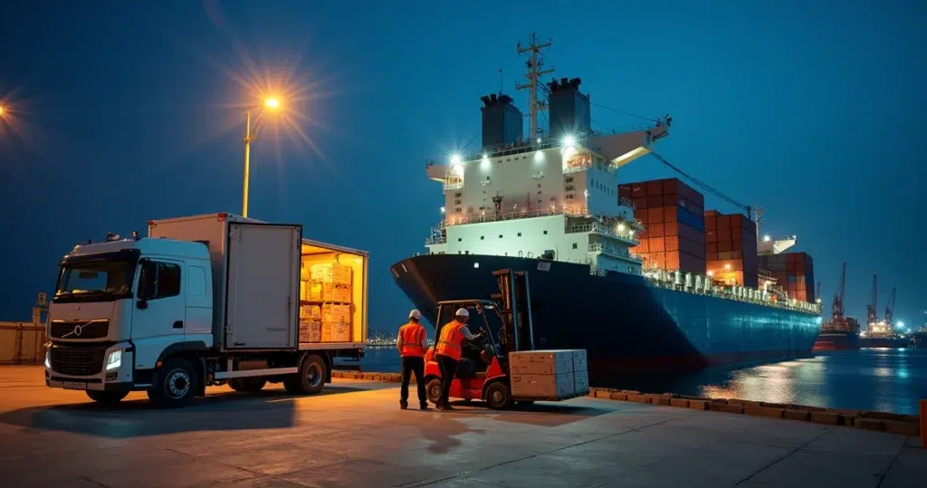 Cargo ship at Brazilian port receiving last-minute supplies at night