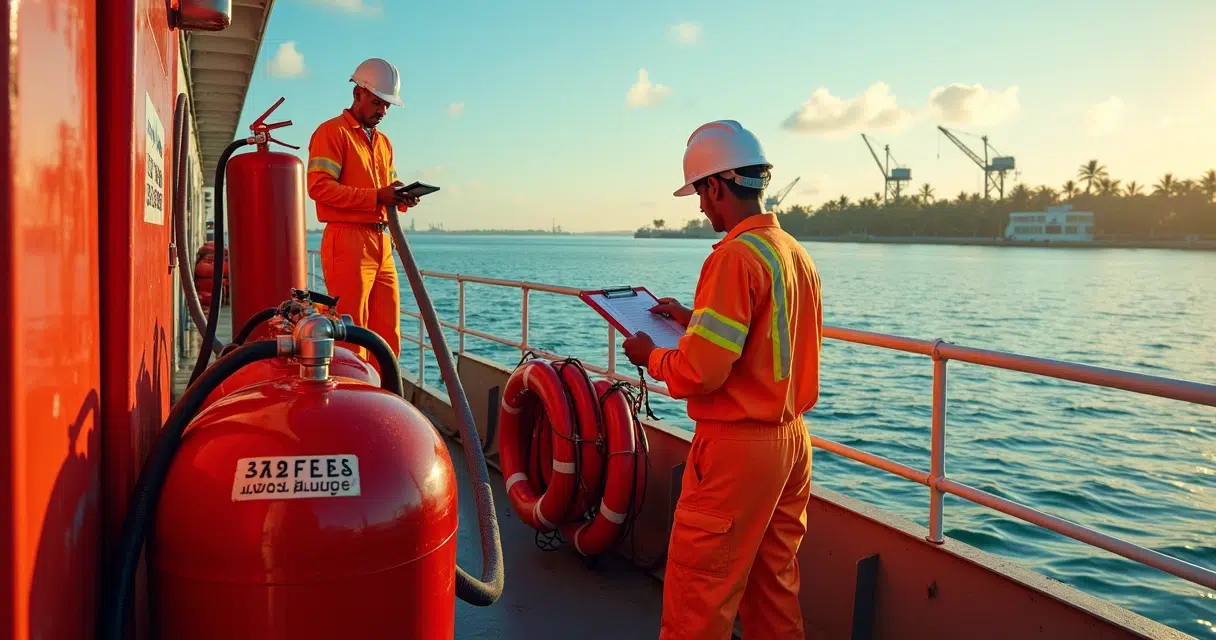 Crew inspecting ship safety equipment on a tropical port deck