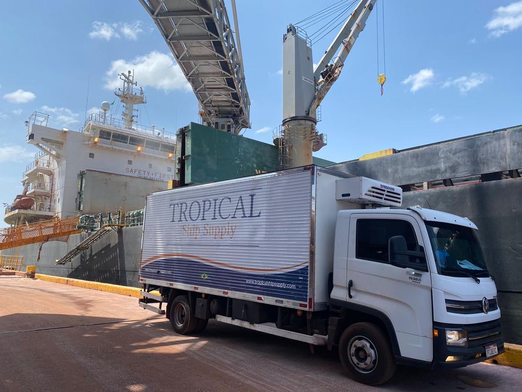 Container ship alongside pier at Brazilian port with ship chandlery truck delivering supplies
