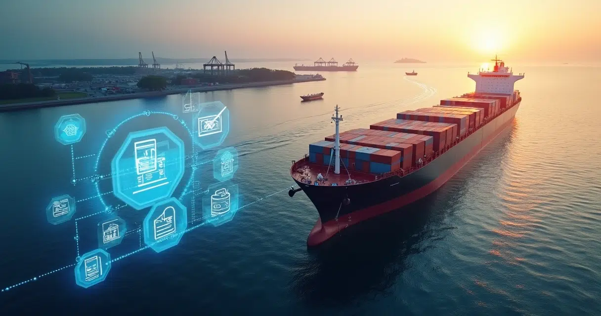 Bulk carrier approaching Brazilian port with digital customs documents overlay