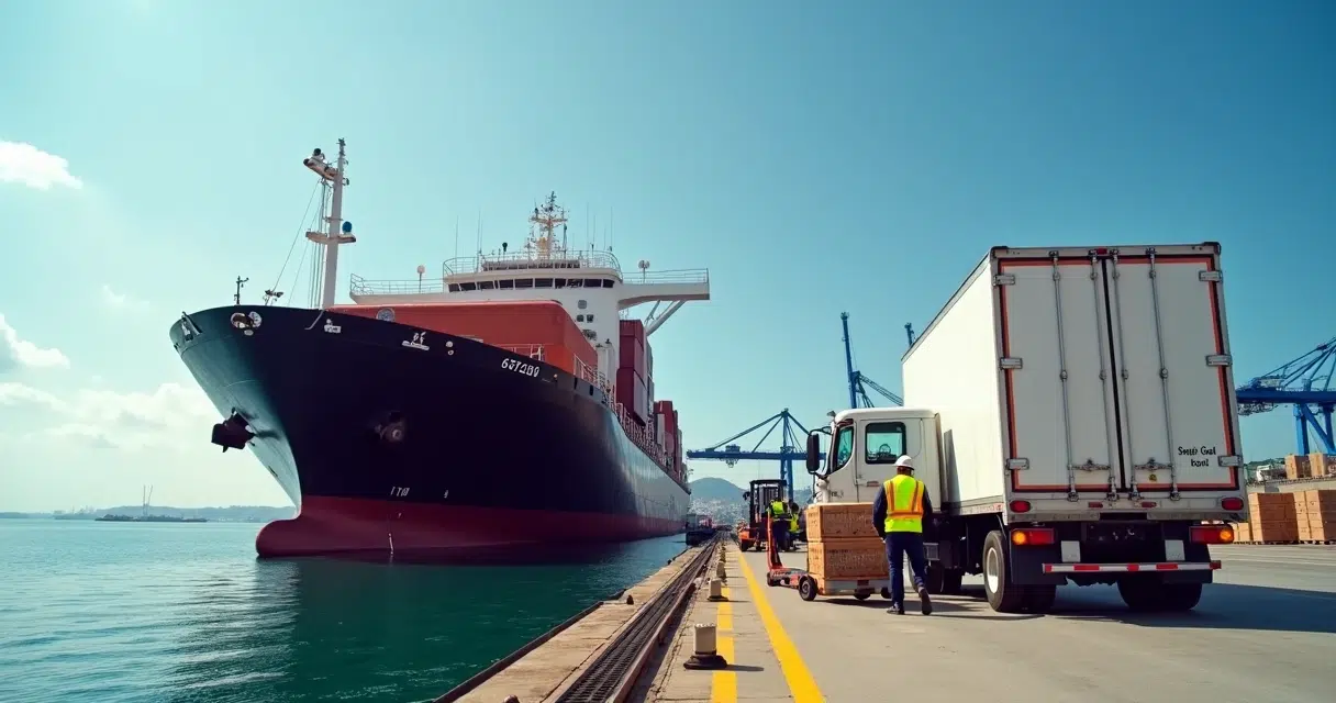 Bulk carrier alongside Brazilian port receiving onboard supplies