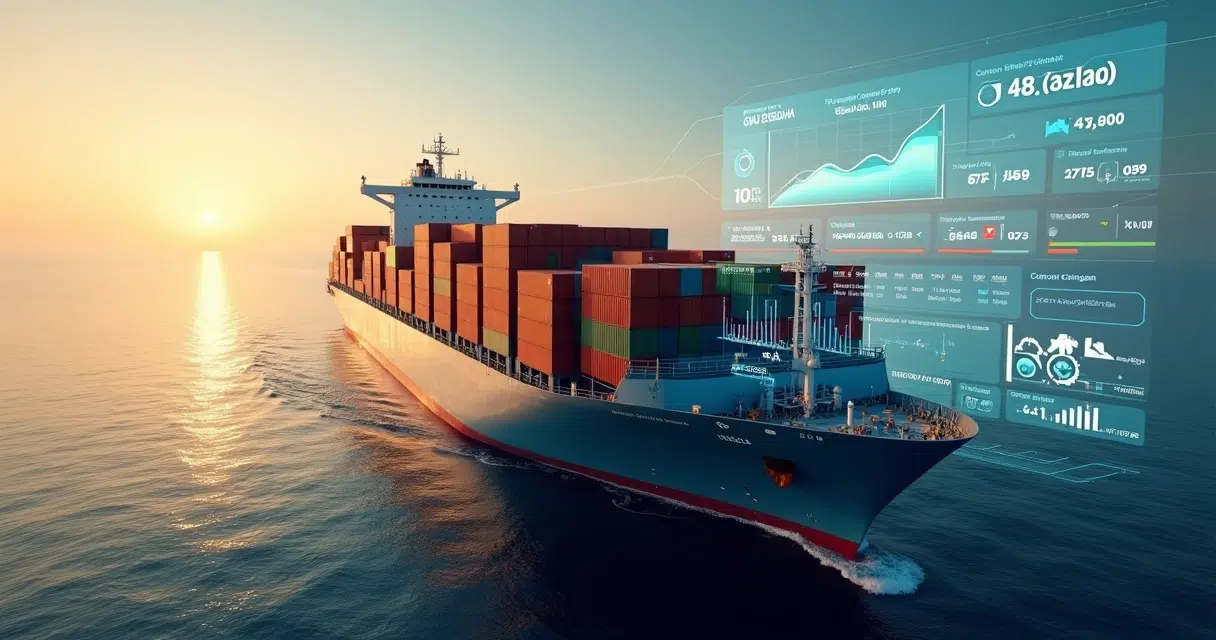 Large container ship at sea with transparent carbon emissions chart overlay