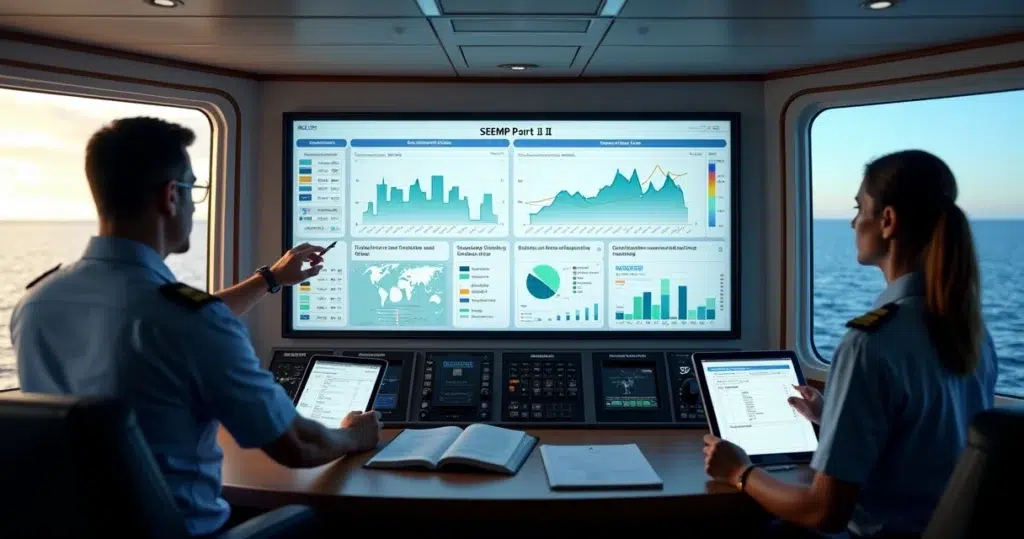 Ship officers reviewing digital efficiency plan on bridge while cargo vessel sails at sea