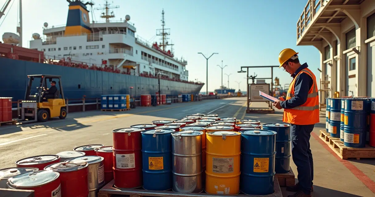Officer checking MSDS documents beside organized chemical drums on a ship deck