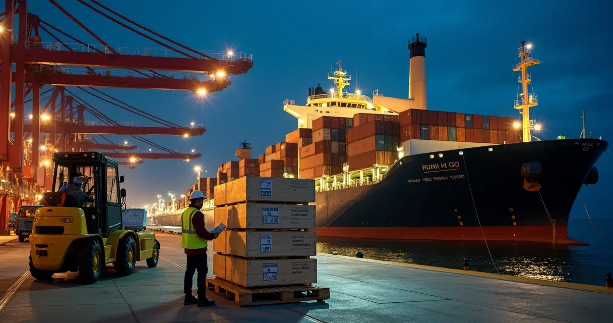 Cargo ship in Brazilian port receiving urgent spare parts delivery at night
