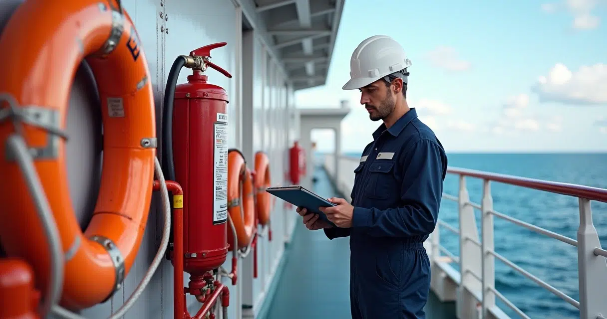 Officer inspecting SOLAS safety equipment on cargo ship deck