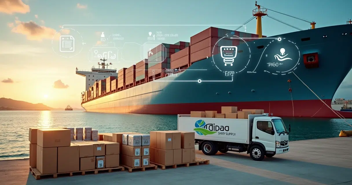 Container ship offshore with digital workflow icons showing ship supply process