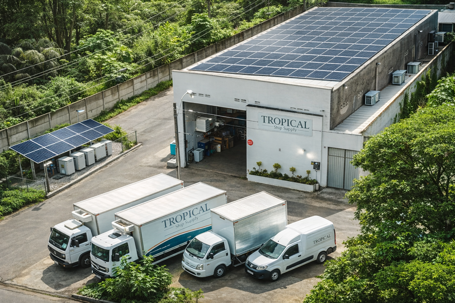 Container ship near port with solar panels and wind turbines at sunrise