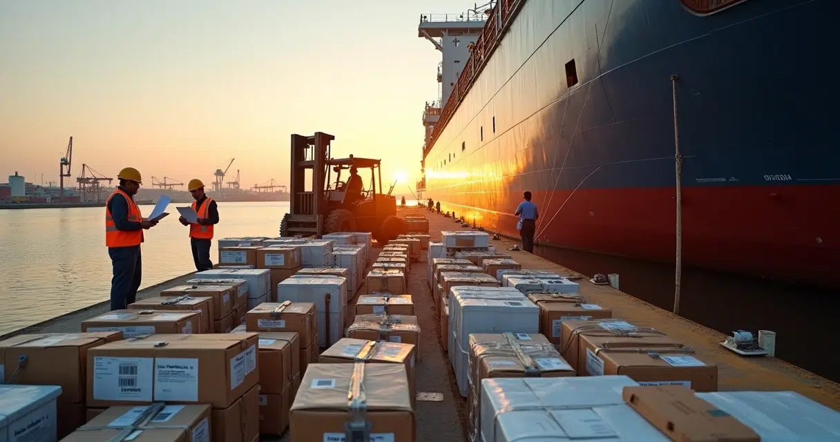 Tanker alongside pier receiving standardized MRO supplies from dock workers