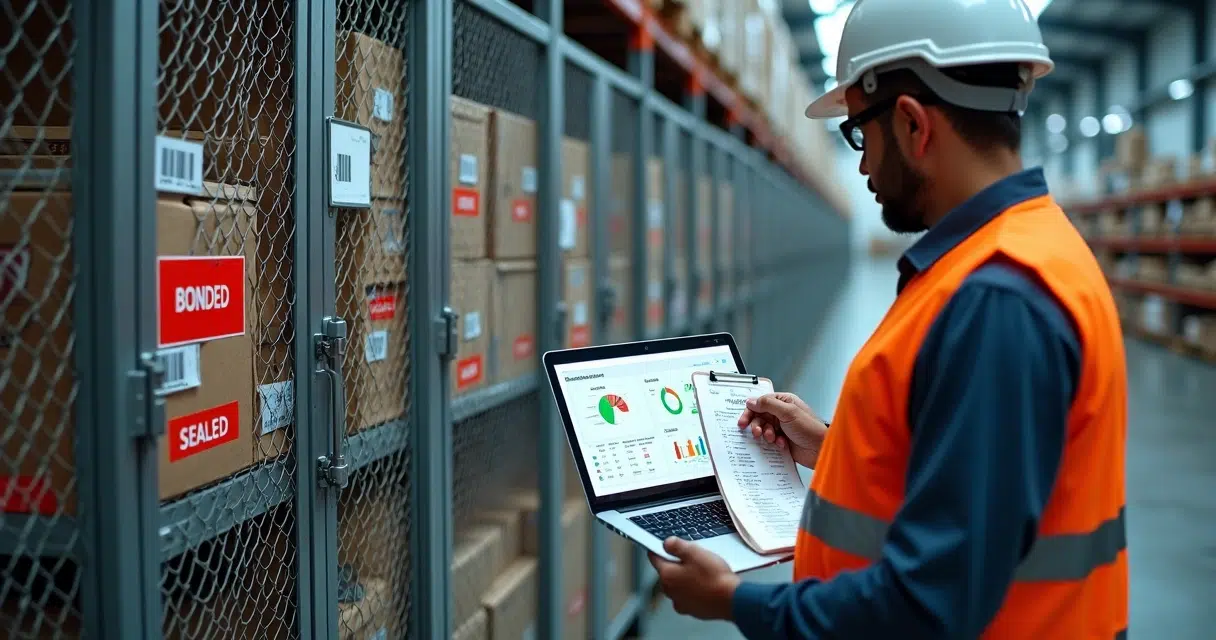 Port warehouse supervisor auditing sealed bonded store cage for ship supplies