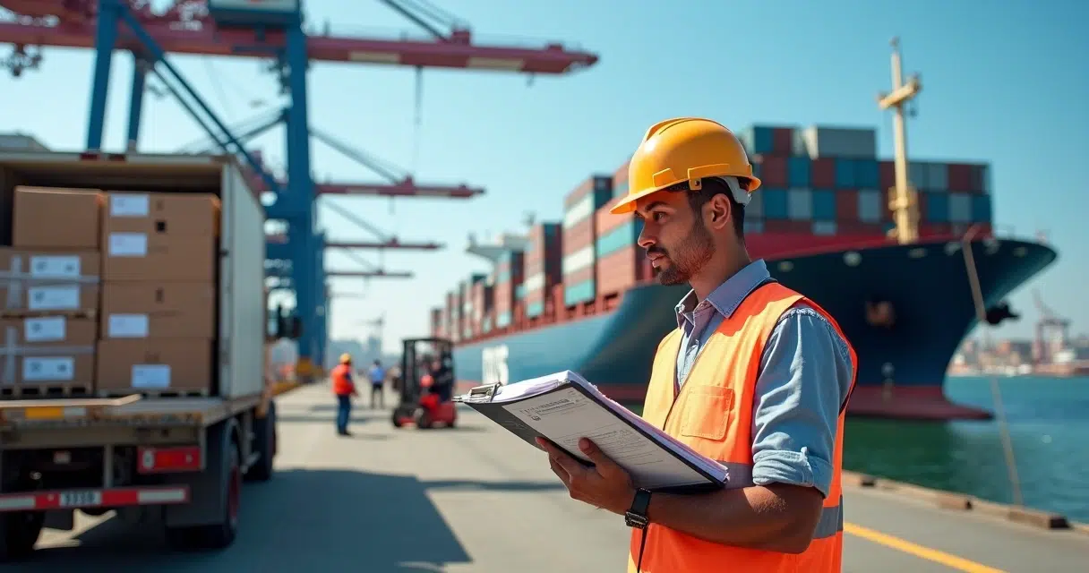 Port agent with clipboard coordinating ship delivery alongside brazilian container terminal
