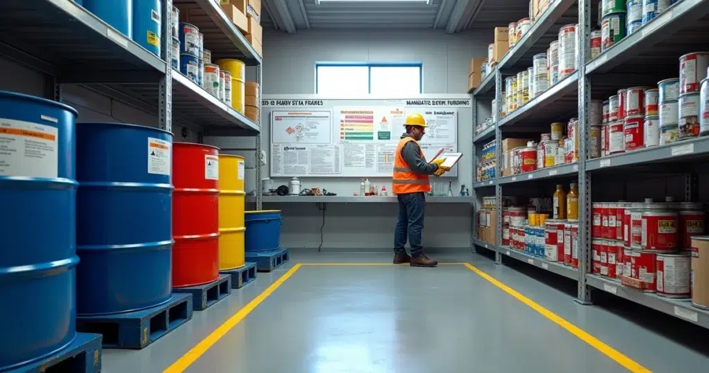 Labeled chemical drums stored in segregated ship supply warehouse with MSDS board