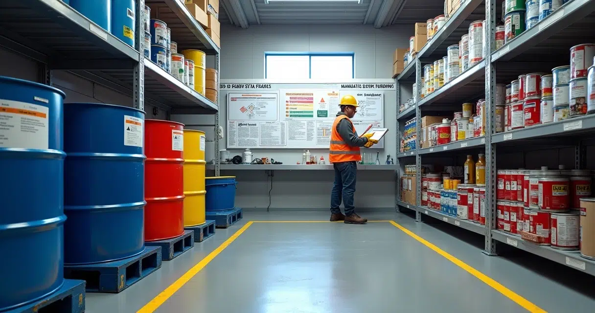 Labeled chemical drums stored in segregated ship supply warehouse with MSDS board