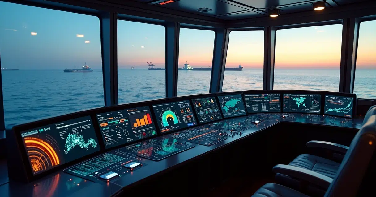 Ship bridge view with digital carbon intensity indicator dashboard overlay