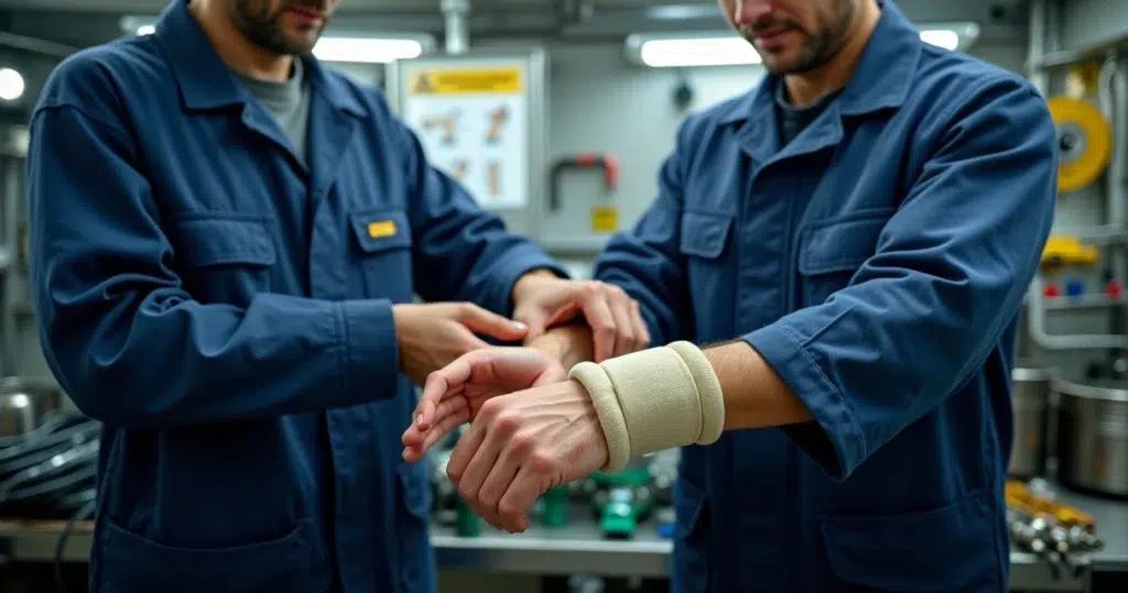 Ship crew member showing wrist brace technique to colleague in engine room workshop