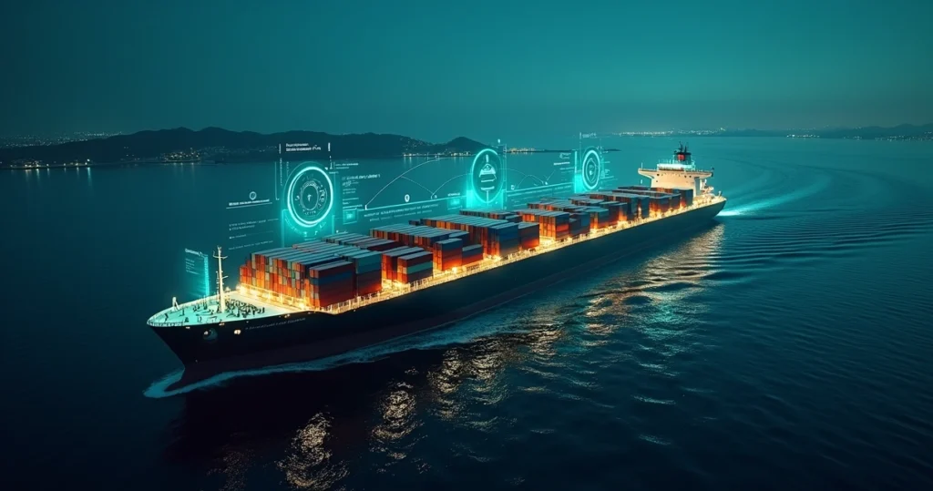 Container ship at night with digital fuel efficiency dashboard overlay