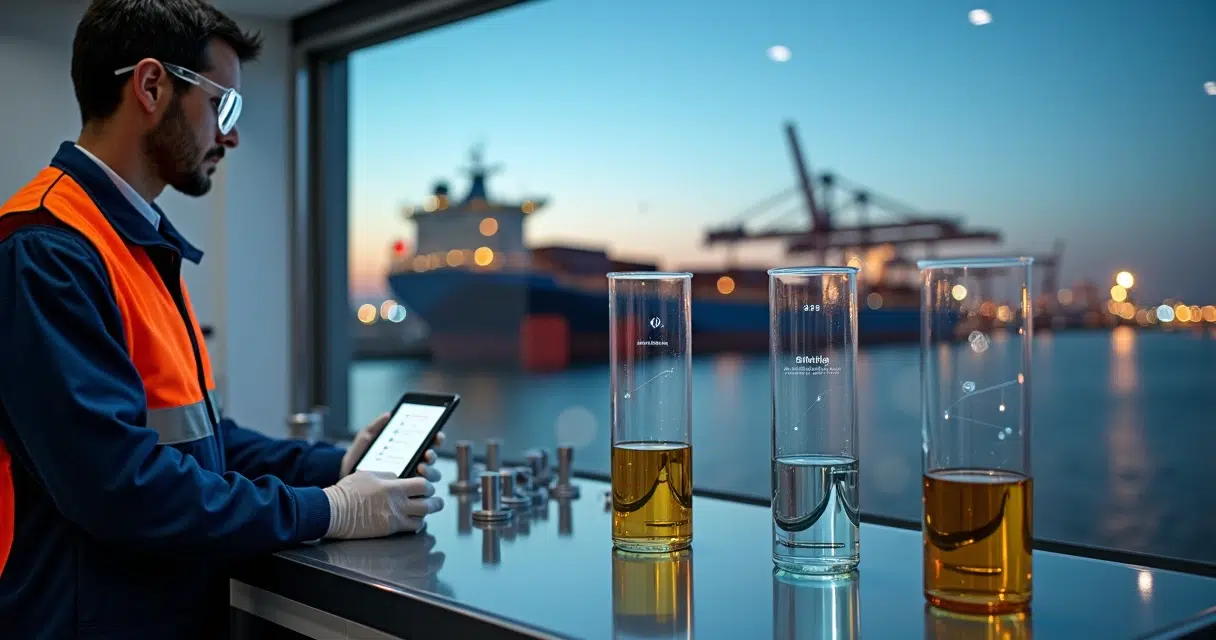 Lab technician comparing green marine fuel samples in glass flasks