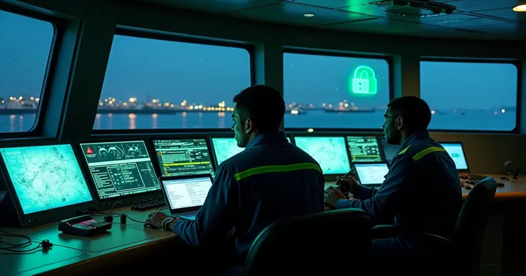 Ship bridge at night with digital cyber defense overlay on navigation screens