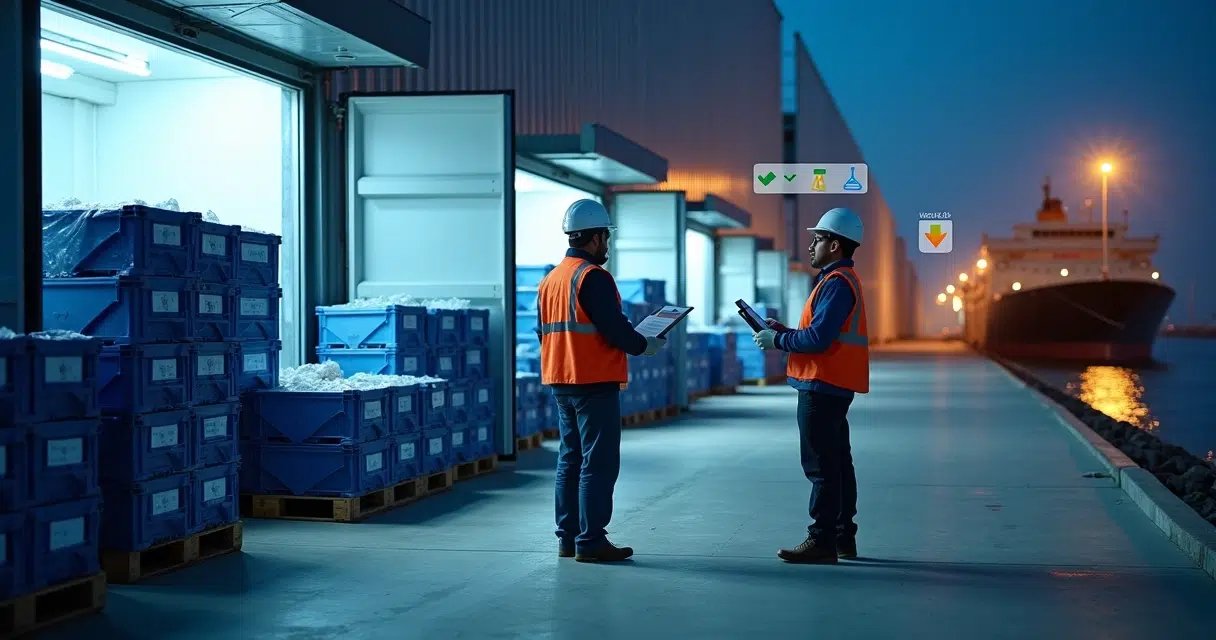 Insulated food pallets being inspected at refrigerated dock beside cargo ship