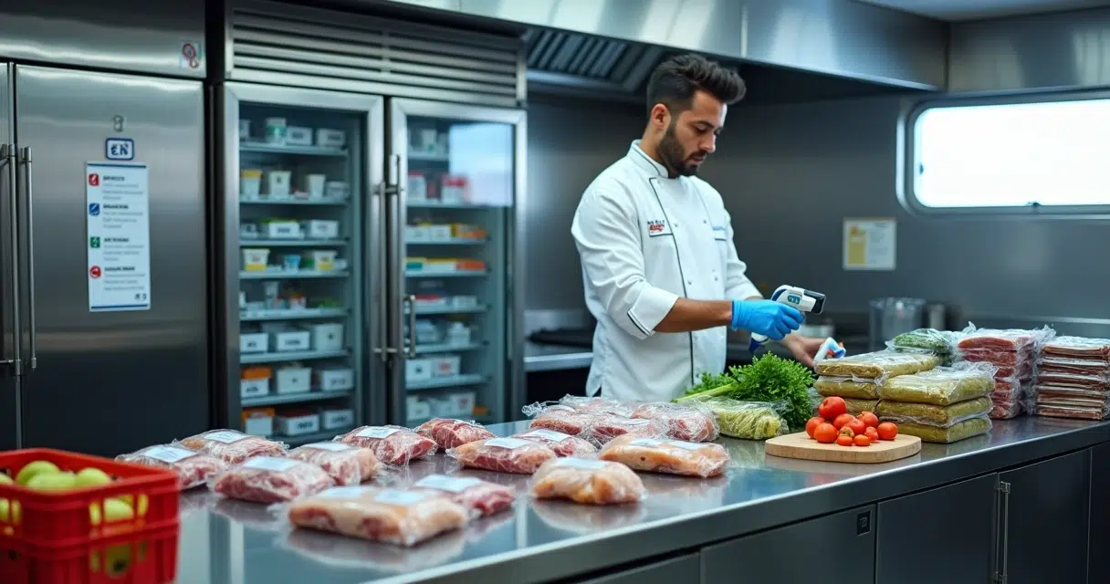 Chef in ship galley checking temperature of labeled provisions