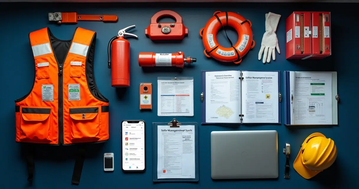 Flat lay of organized SOLAS safety compliance kit on navy table
