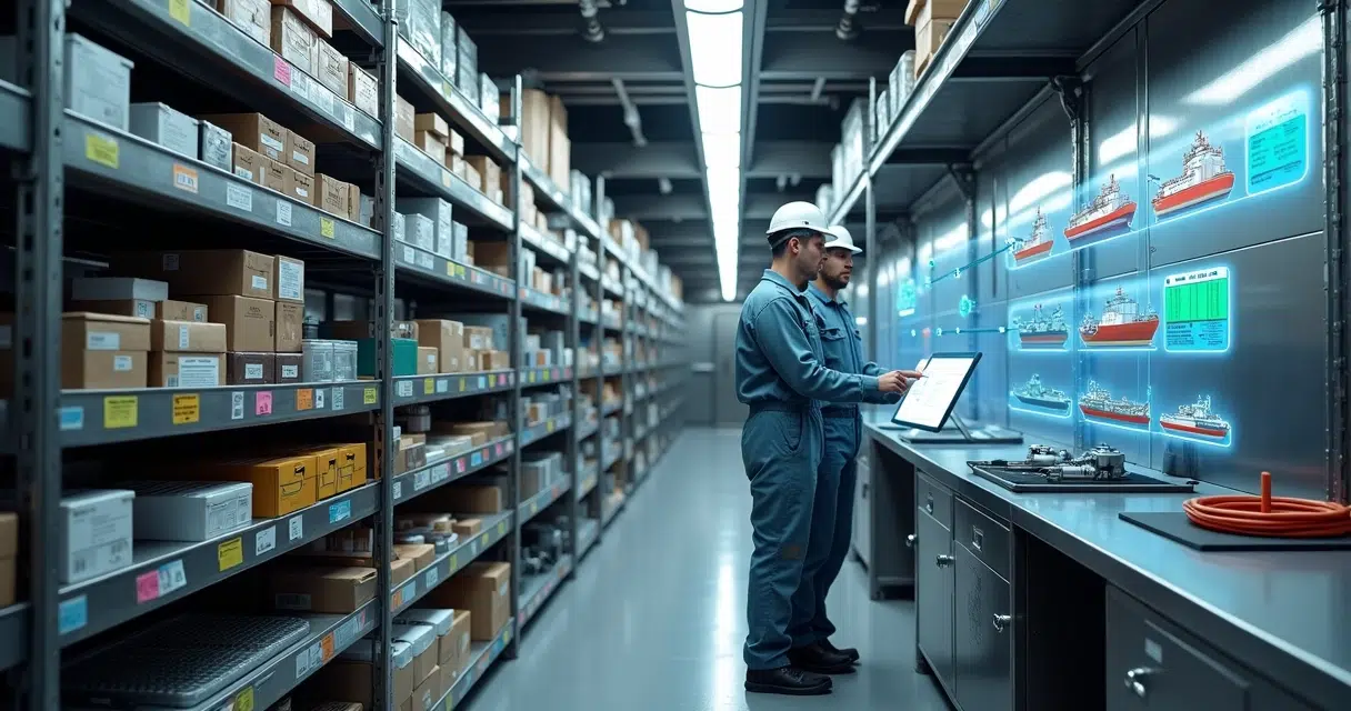 Organized ship workshop with color-coded MRO shelves and digital checklist hologram