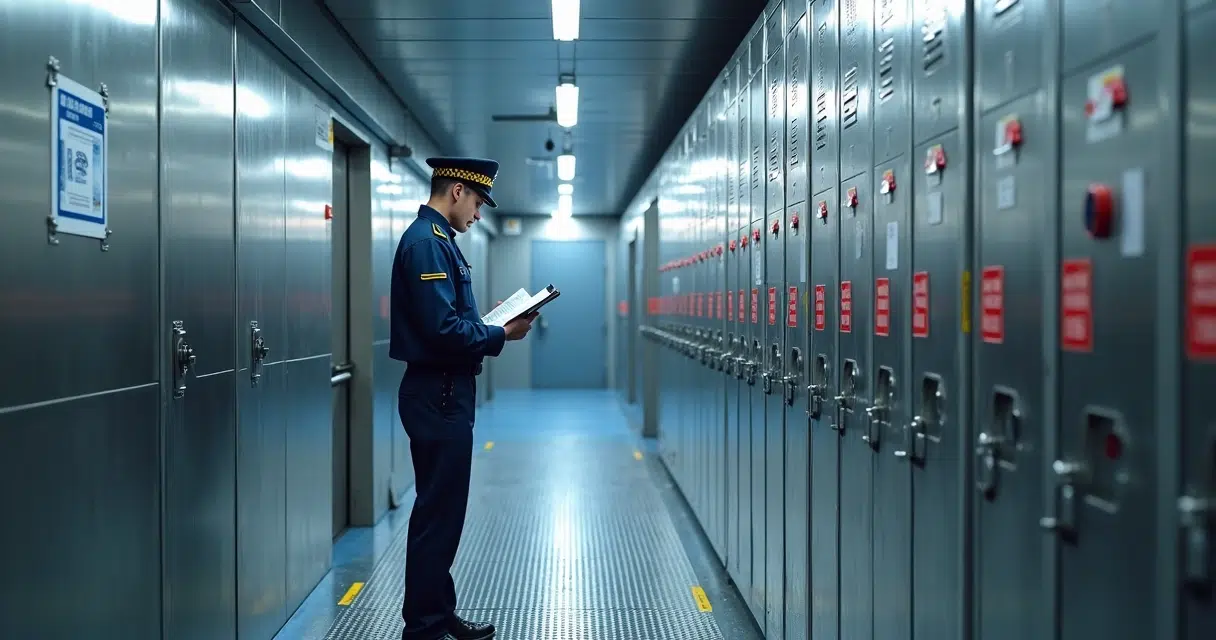 Ship officer checking sealed bonded lockers in bright vessel corridor