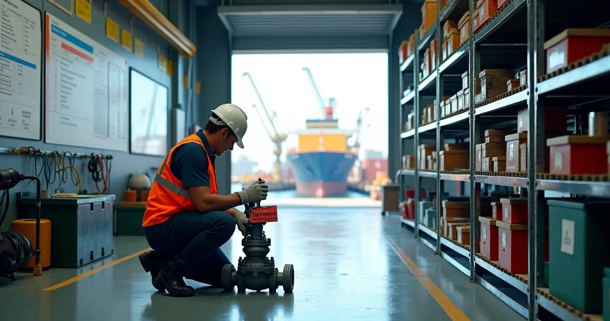 Engineer selecting critical marine spare part from organized emergency inventory racks