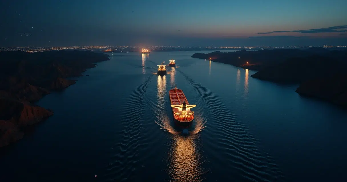 Night aerial view of oil tankers crossing reopened Strait of Hormuz shipping lane