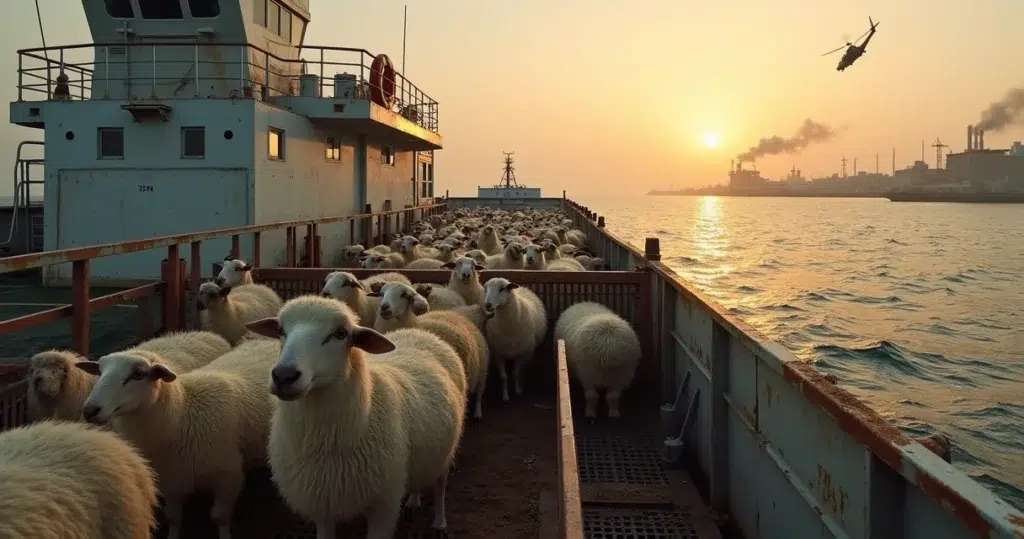 Sheep on open deck of cargo ship sailing past distant war-damaged coast