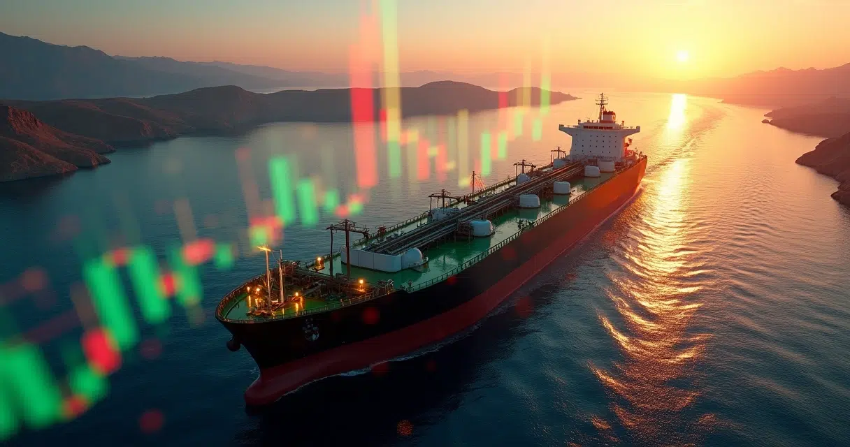 Crude oil tanker passing through narrow shipping strait at sunset with fragile calm sea