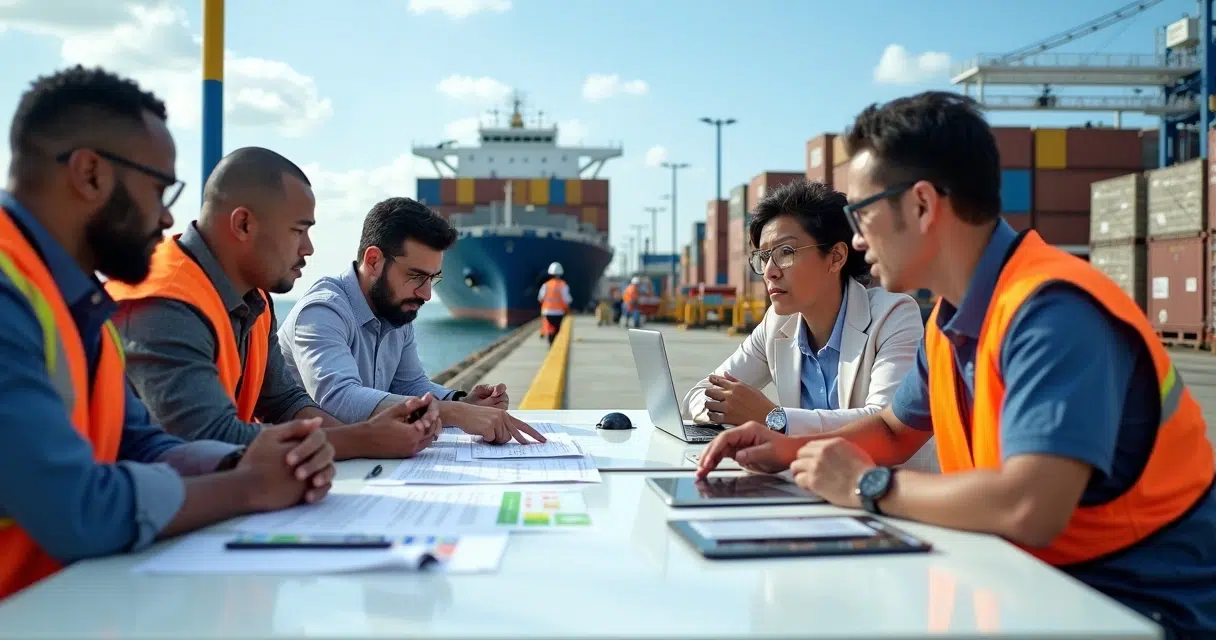 Ship supply managers reviewing compliance documents with cargo ship in background