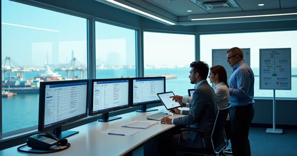 Team coordinating vessel operations from modern marine communications room