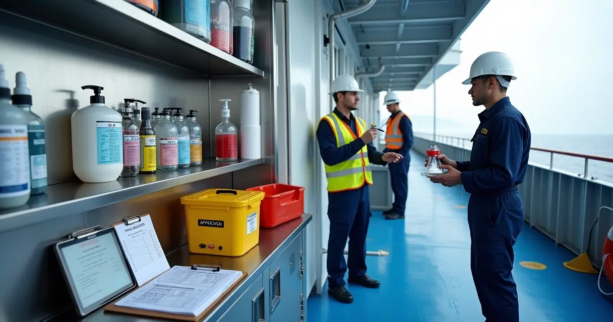 Inspector checking hygiene supplies station on cargo ship deck