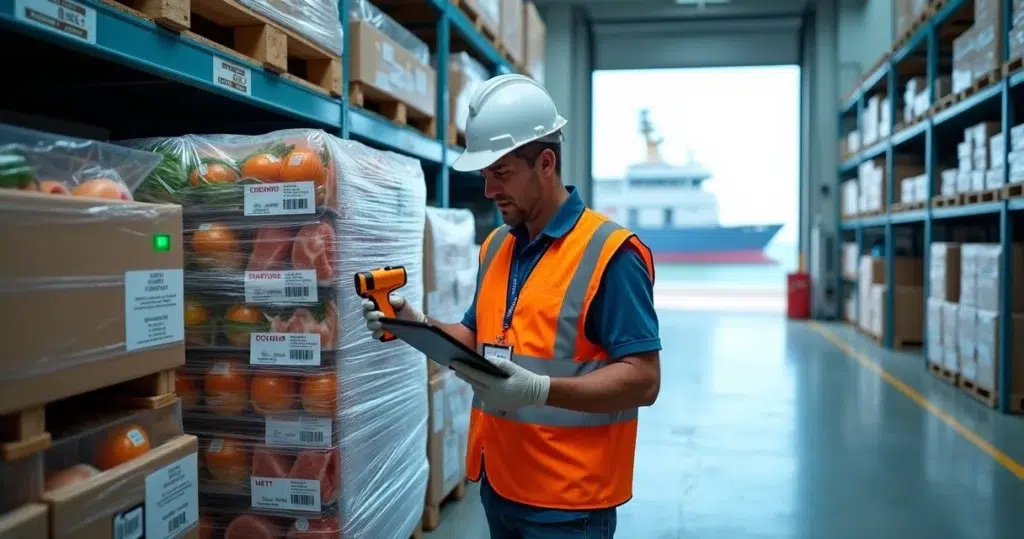 Inspector checking pallet of sealed ship provisions inside refrigerated container