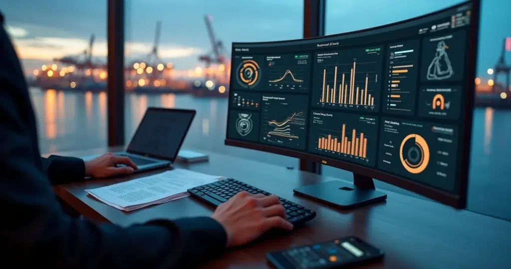 Shipowner reviewing digital ship supply KPI dashboard in modern office