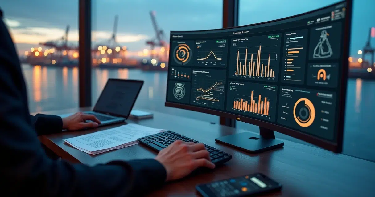 Shipowner reviewing digital ship supply KPI dashboard in modern office
