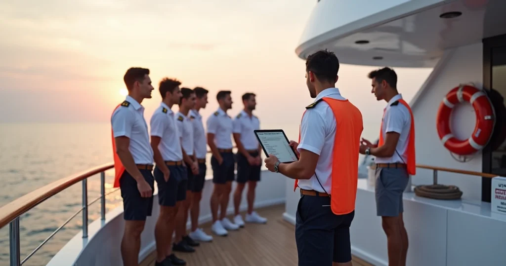 Superyacht crew gathered on deck for safety briefing at sunrise