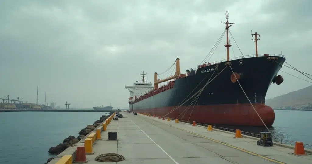 Large crude tanker moored at industrial port in Oman under cloudy sky