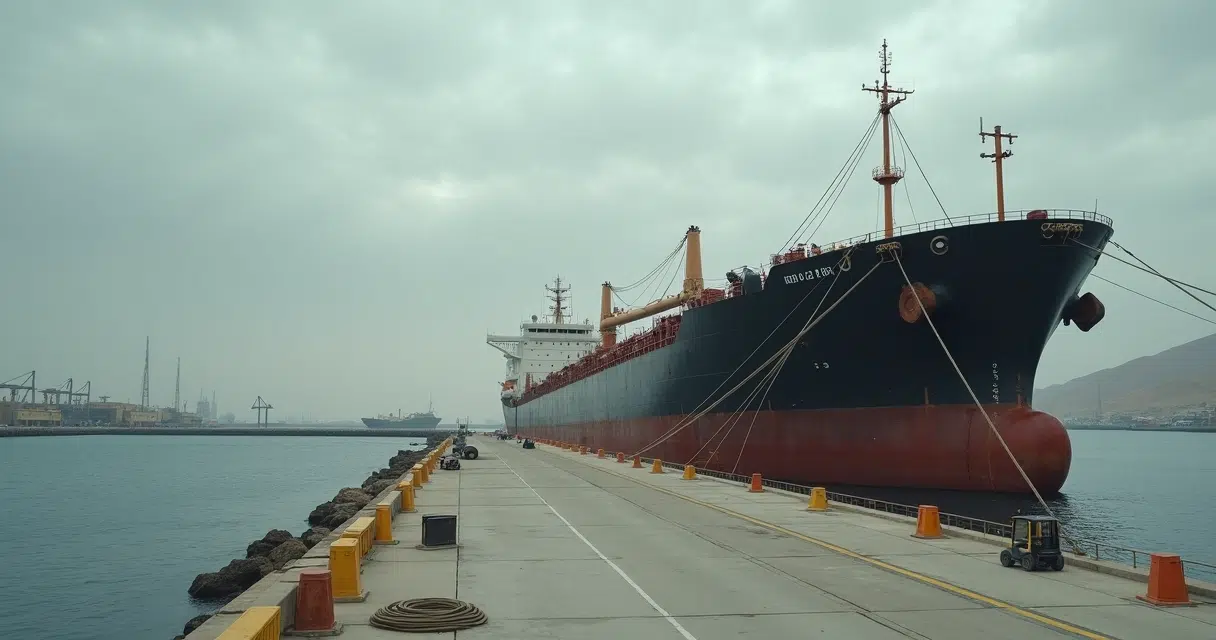 Large crude tanker moored at industrial port in Oman under cloudy sky