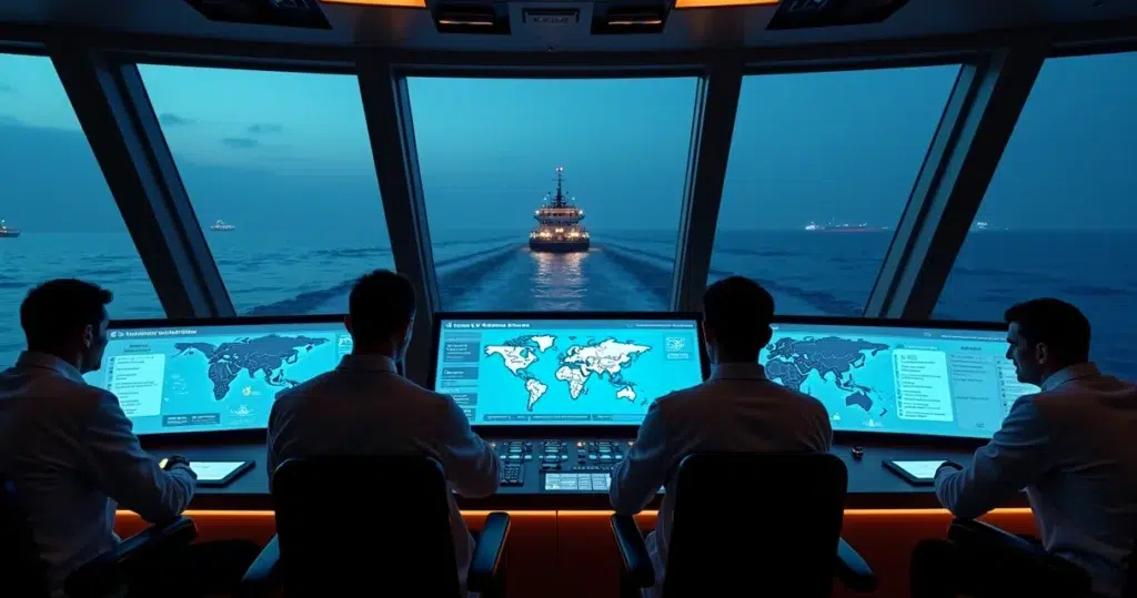 Ship bridge at night with screens showing AI fleet dashboards