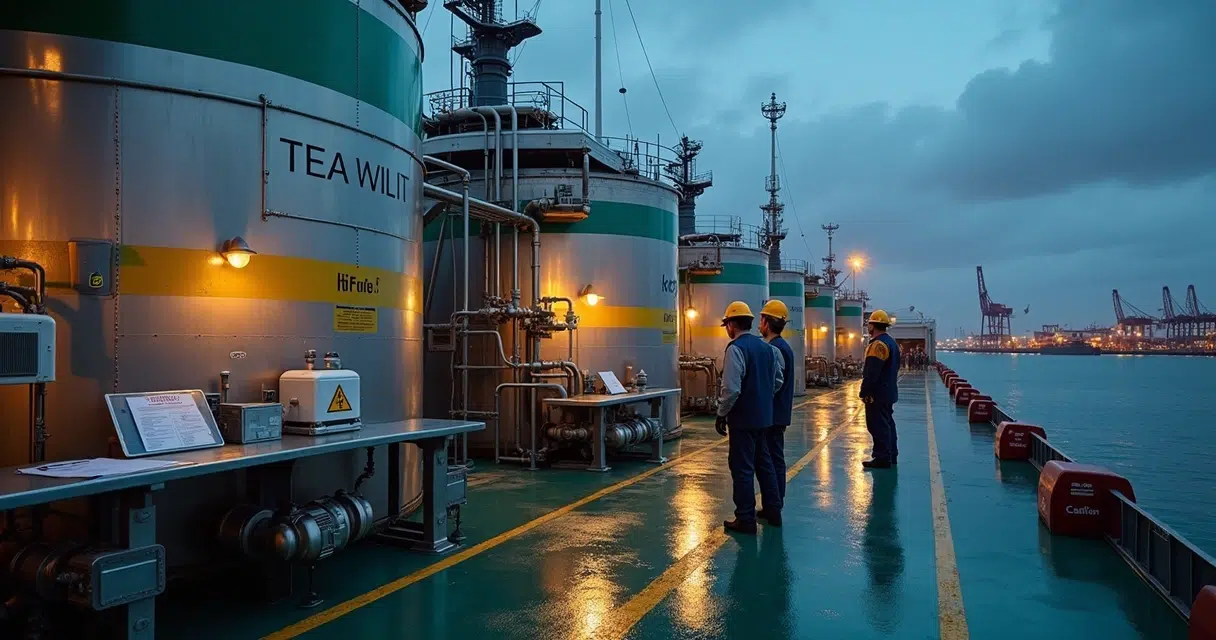 Crew checking alternative fuel tanks and ship consumables on deck